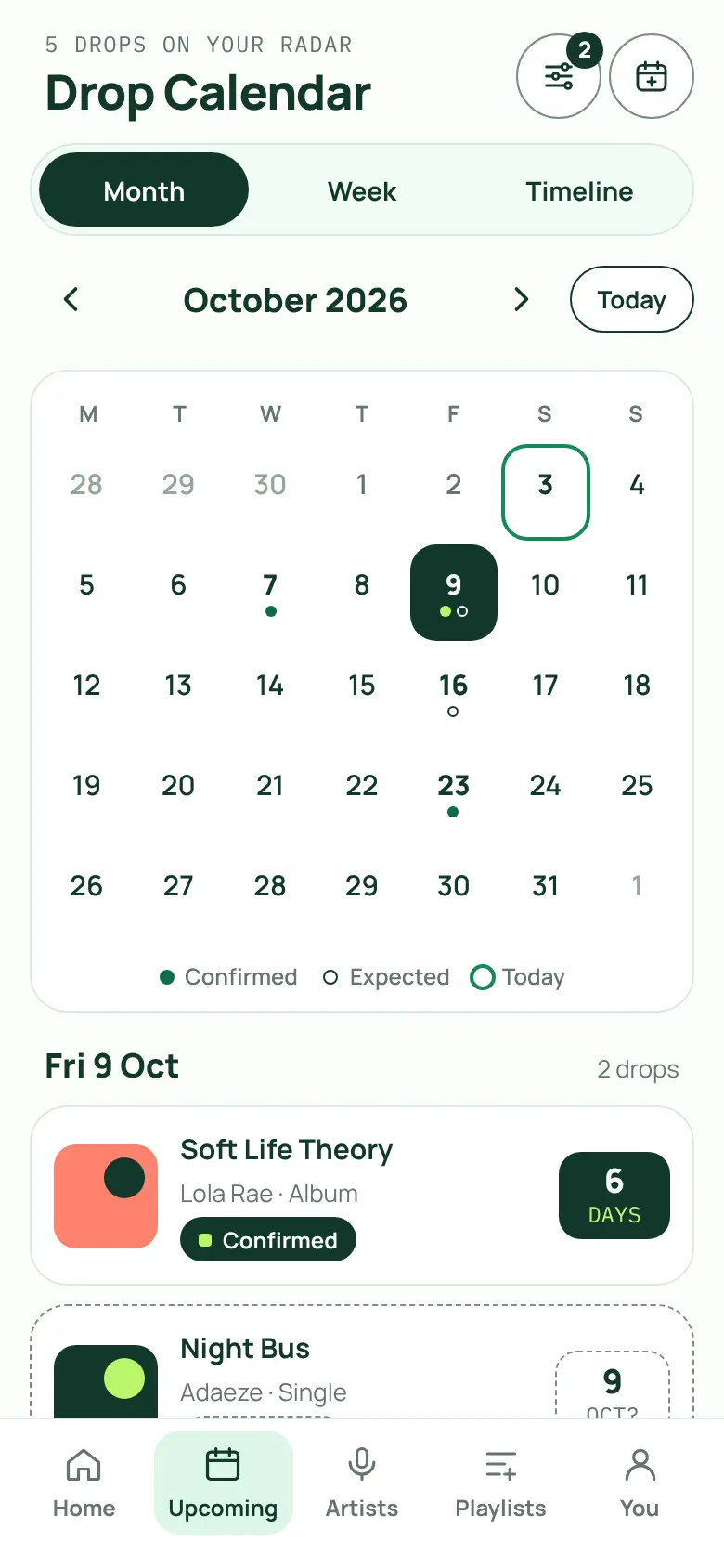 SoundRadar Drop Calendar month view for October 2026, Soft Life Theory counting down 6 days