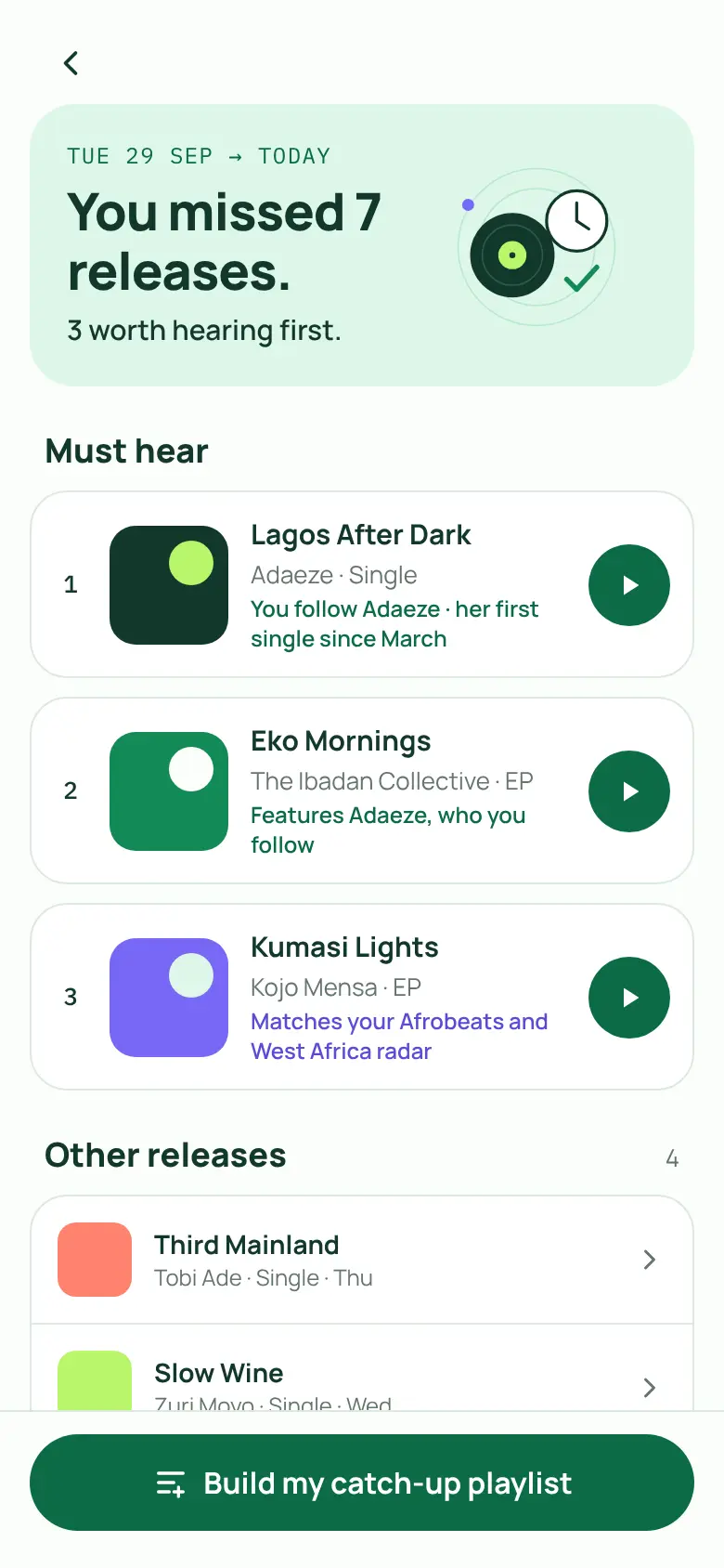 SoundRadar catch-up screen: you missed 7 releases, 3 worth hearing first