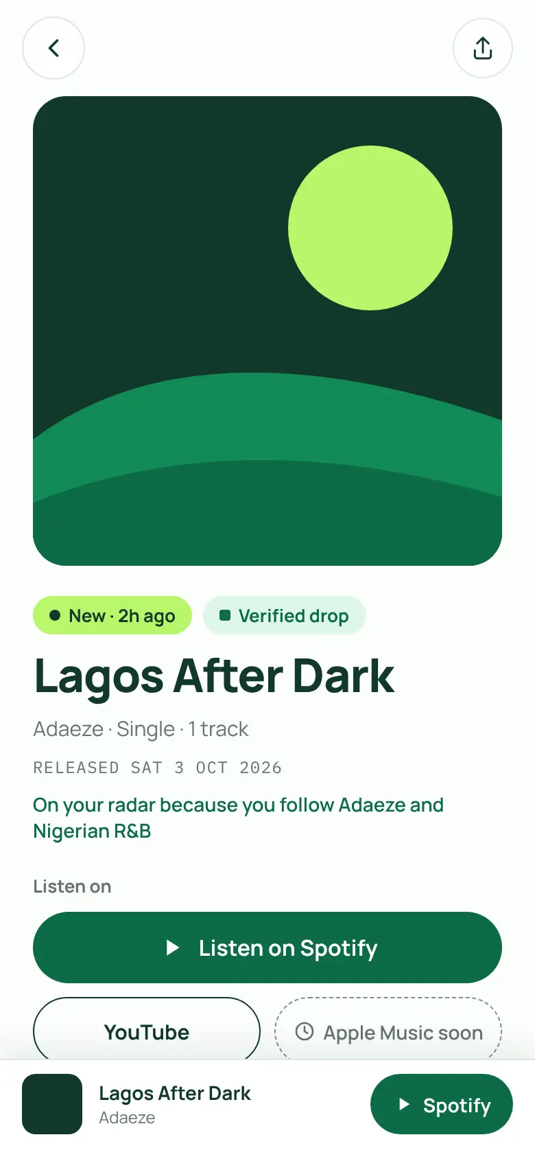 SoundRadar release page for Lagos After Dark by Adaeze with listening buttons