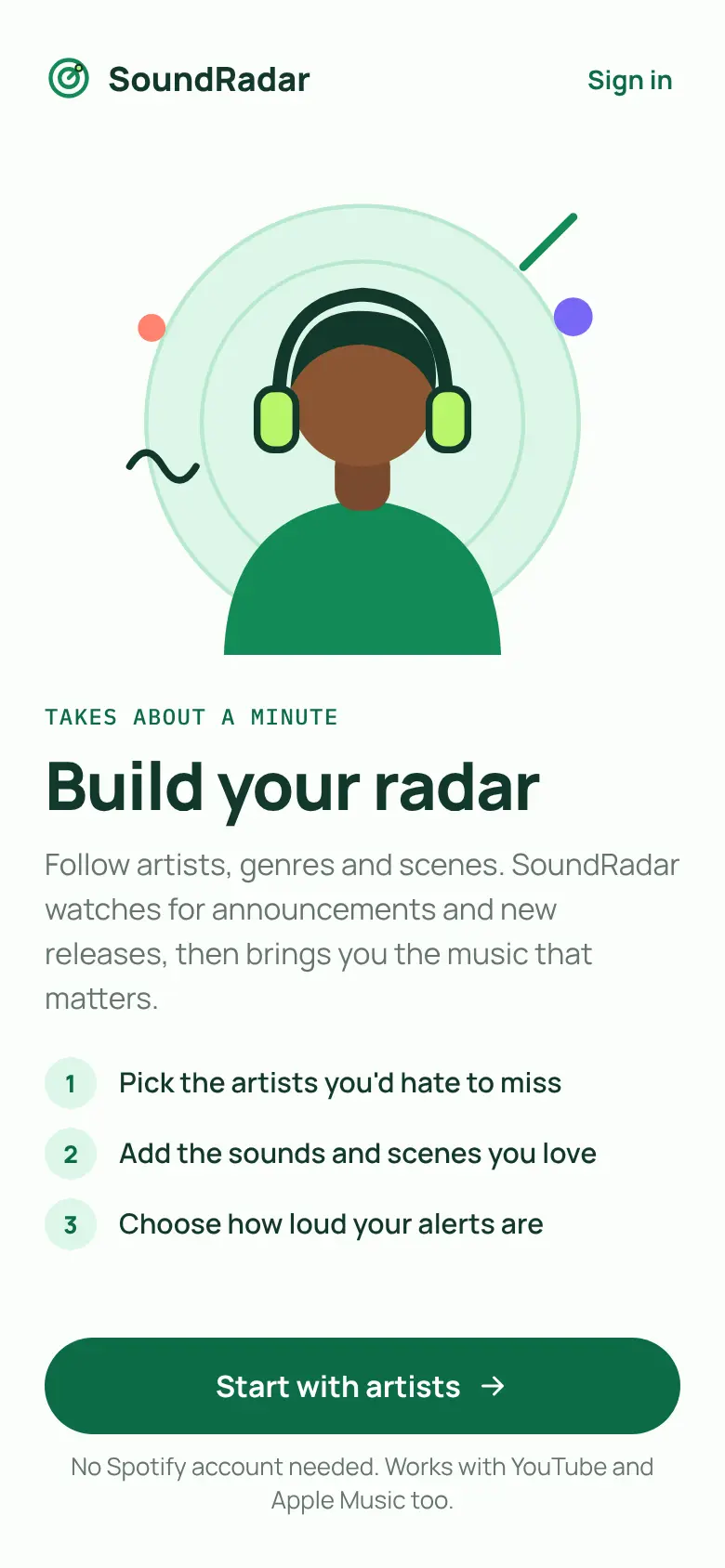 SoundRadar onboarding screen titled Build your radar, with a Start with artists button